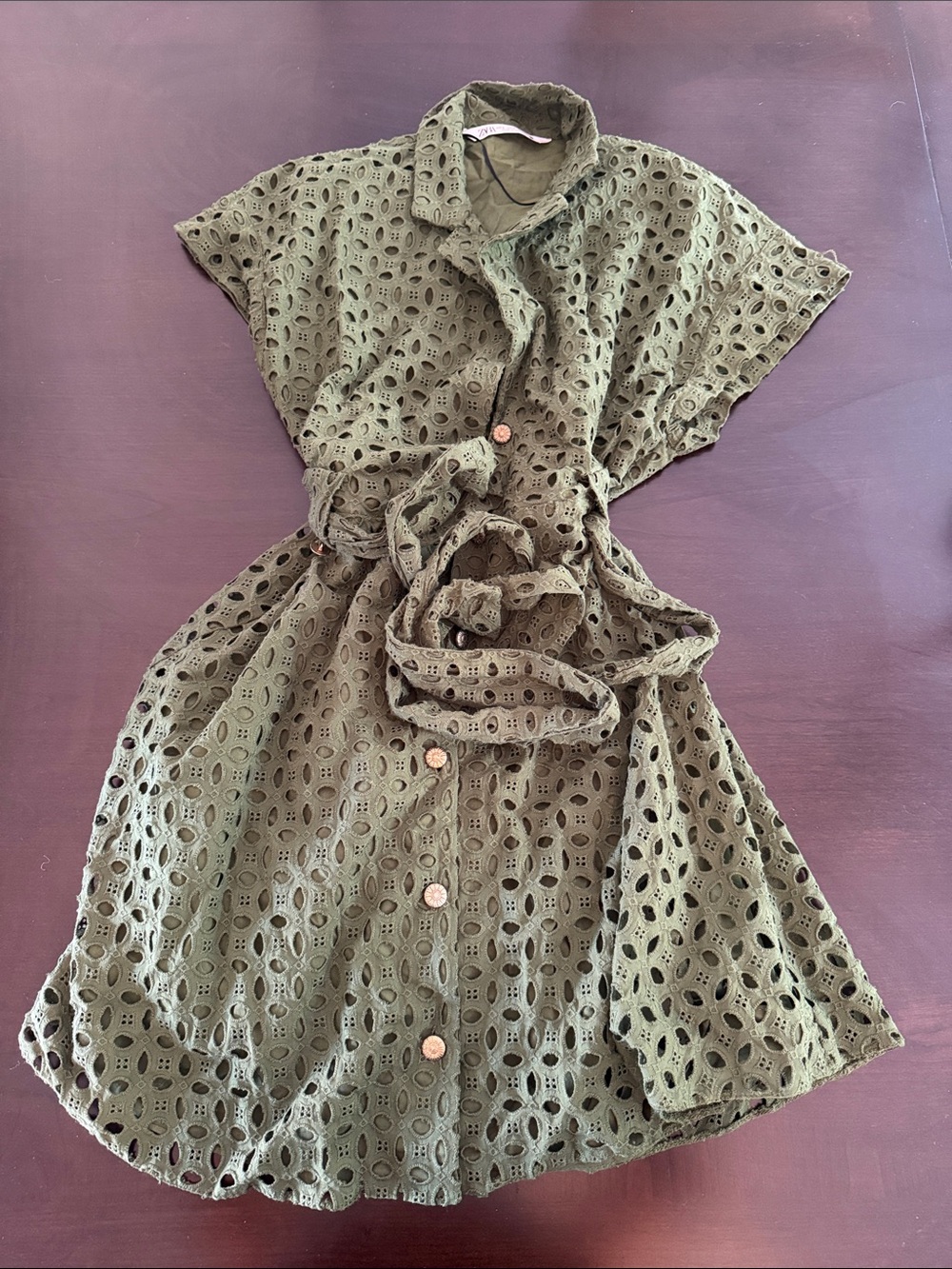 Zara Olive Eyelet Button-Front Shirt Dress with Belt
